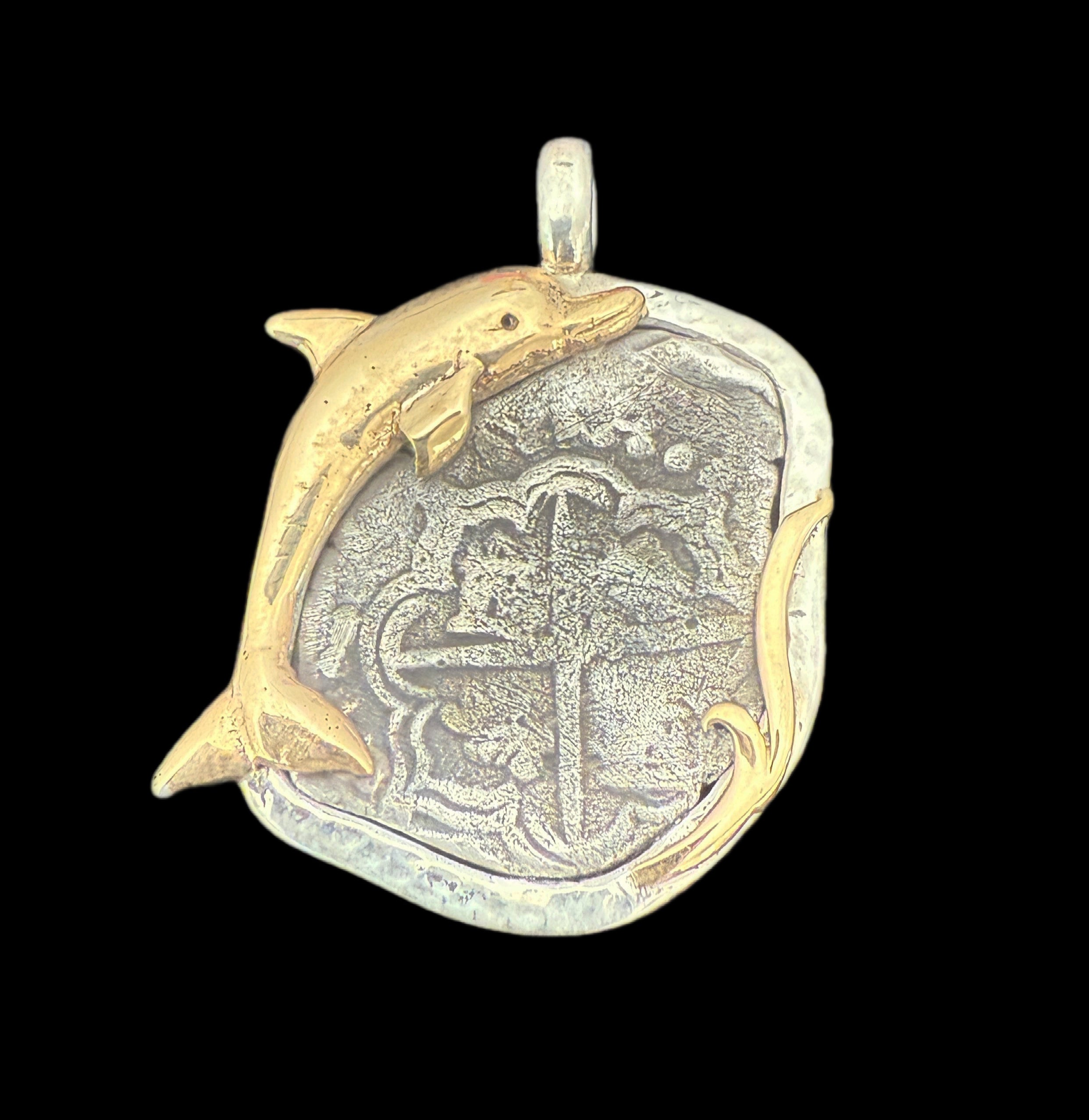 2 REALES POTOSI Original Land Find Mounted 14k gold and Silver (ATOCHA ERA)