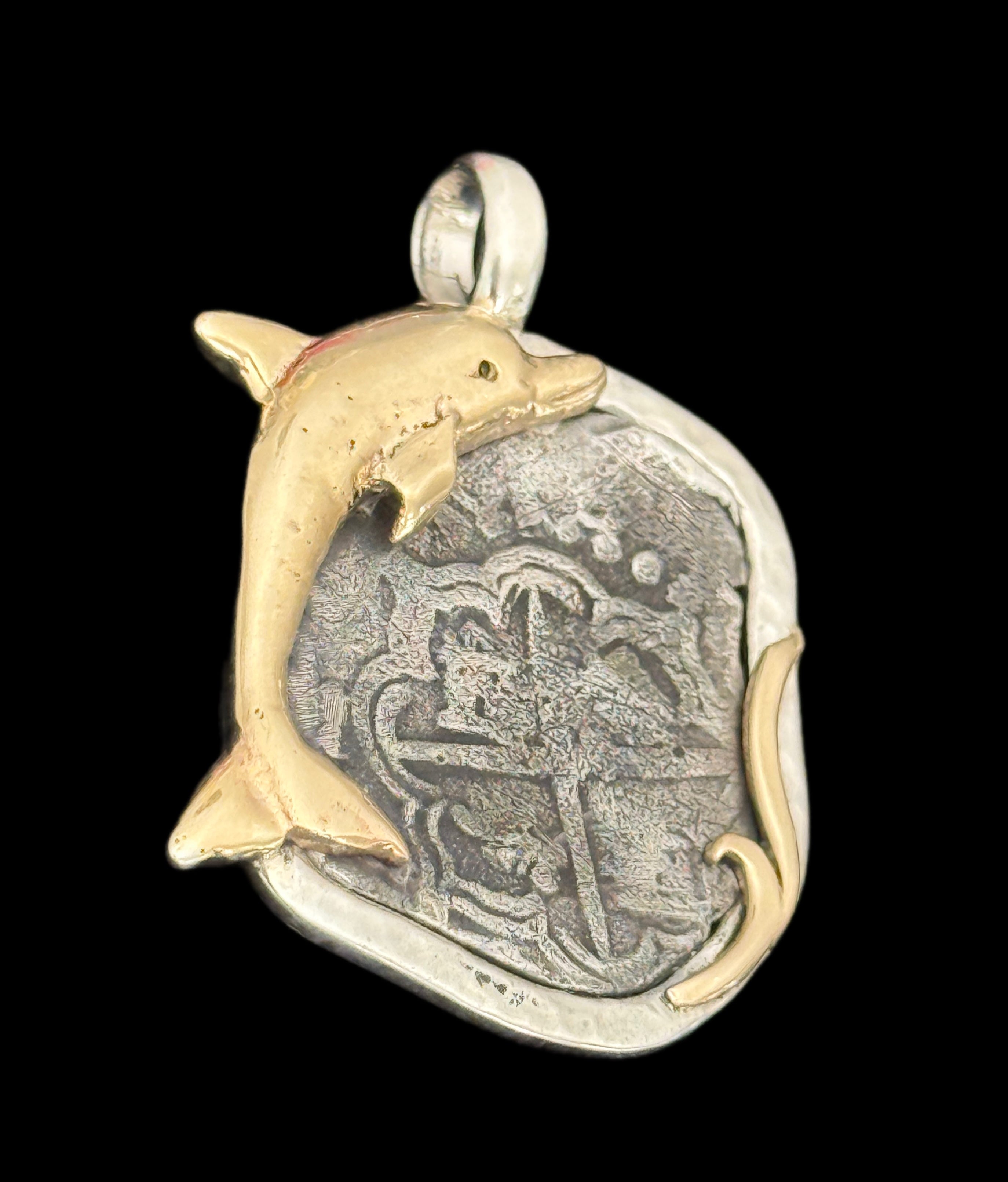 2 REALES POTOSI Original Land Find Mounted 14k gold and Silver (ATOCHA ERA)