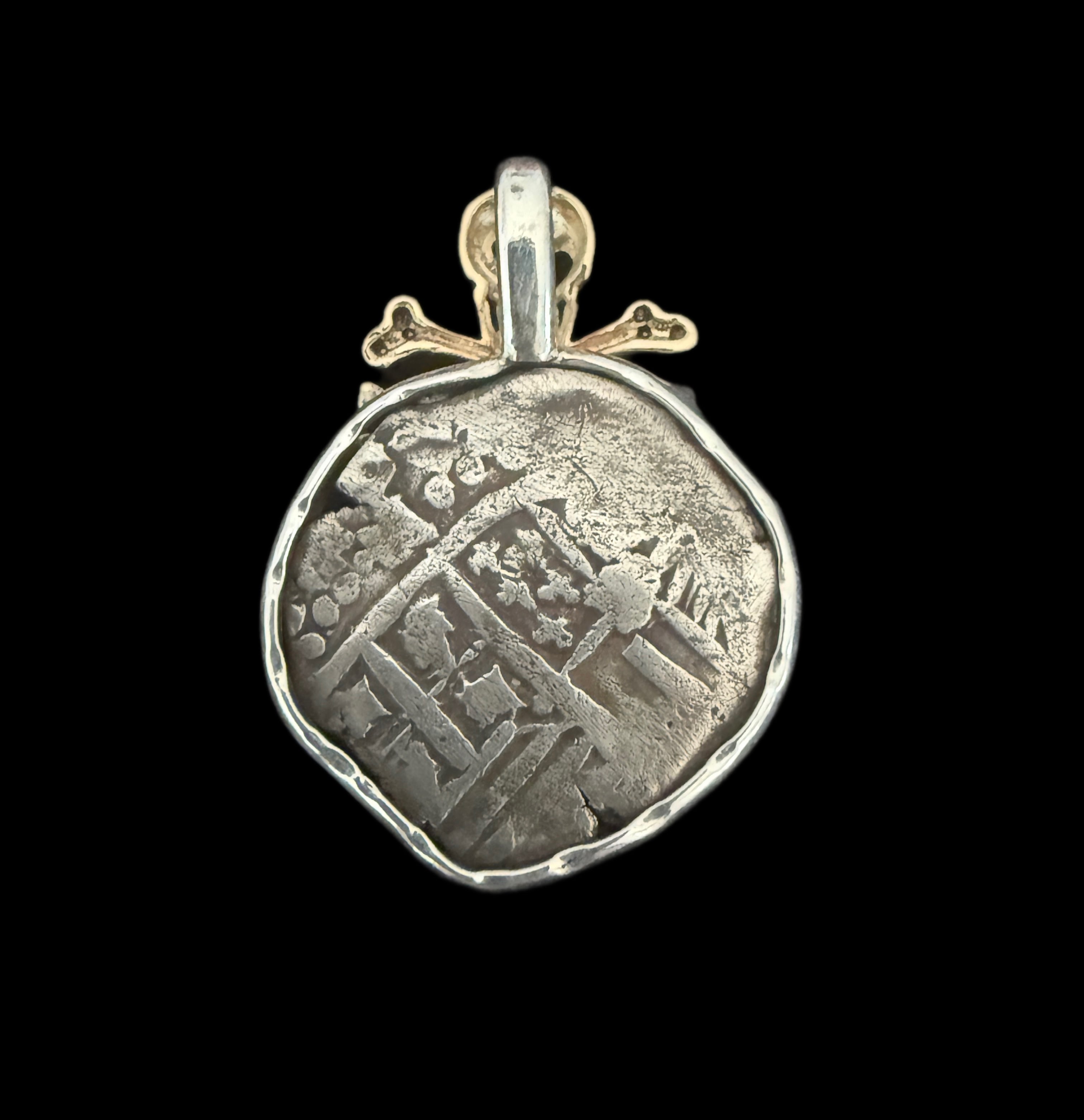 2 REALES POTOSI Original Land Find Mounted 14k gold and Silver (ATOCHA ERA)