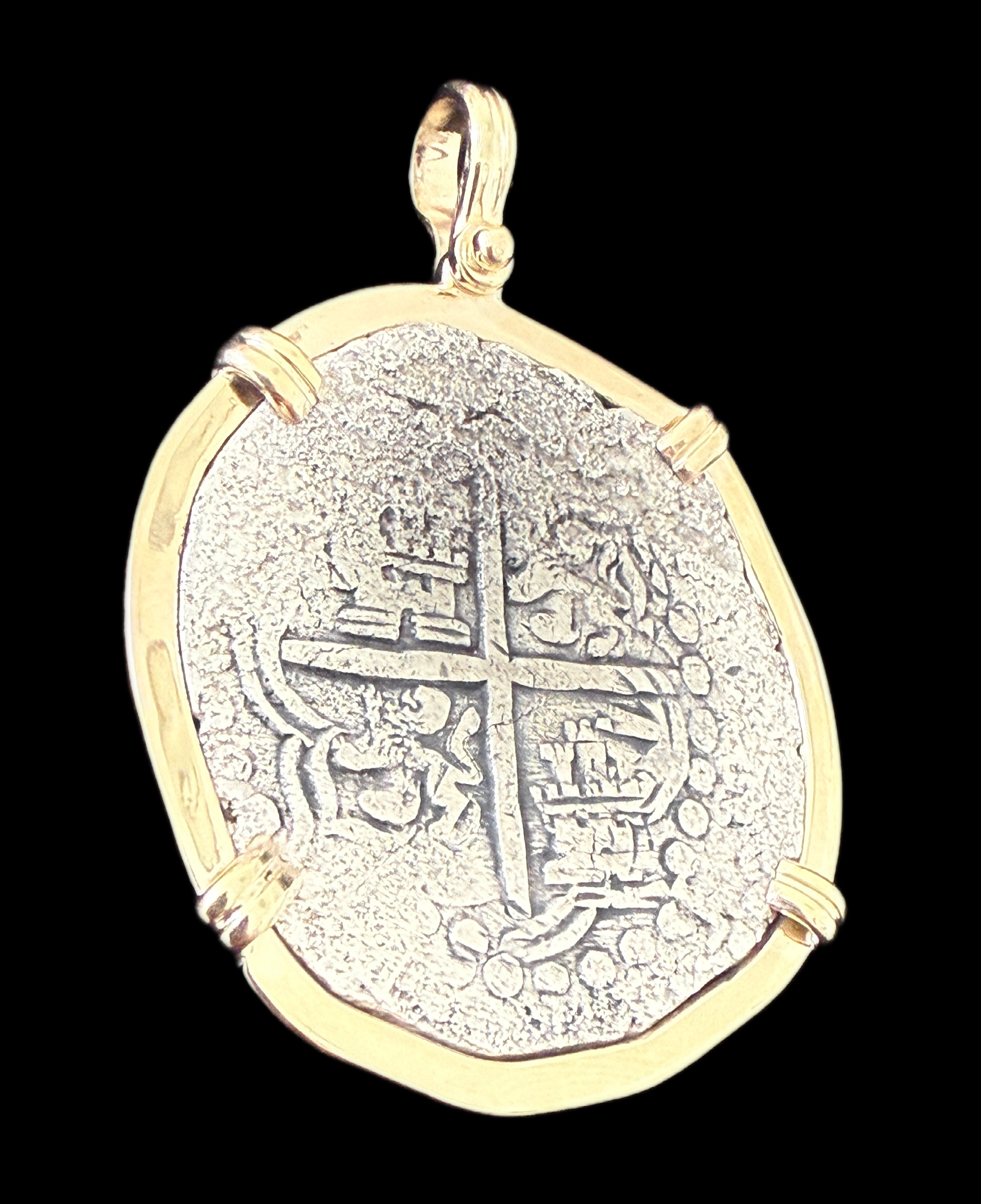 Atocha 8 Reales Grade 1 Assayer T Mounted in 8.3 grams 14k Gold