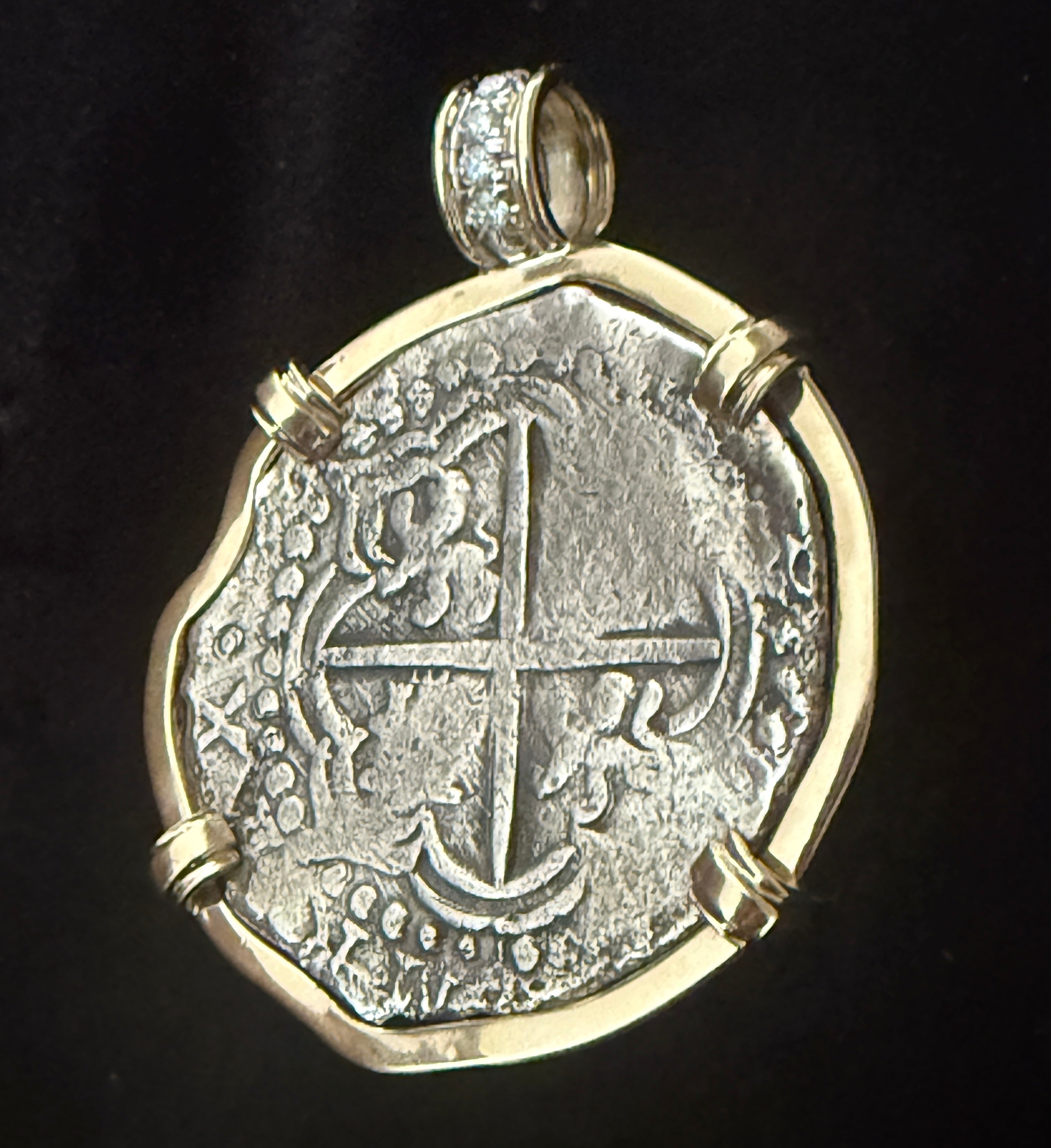 Atocha 8 Reales Grade 3 Mounted in 14k Gold with Diamonds