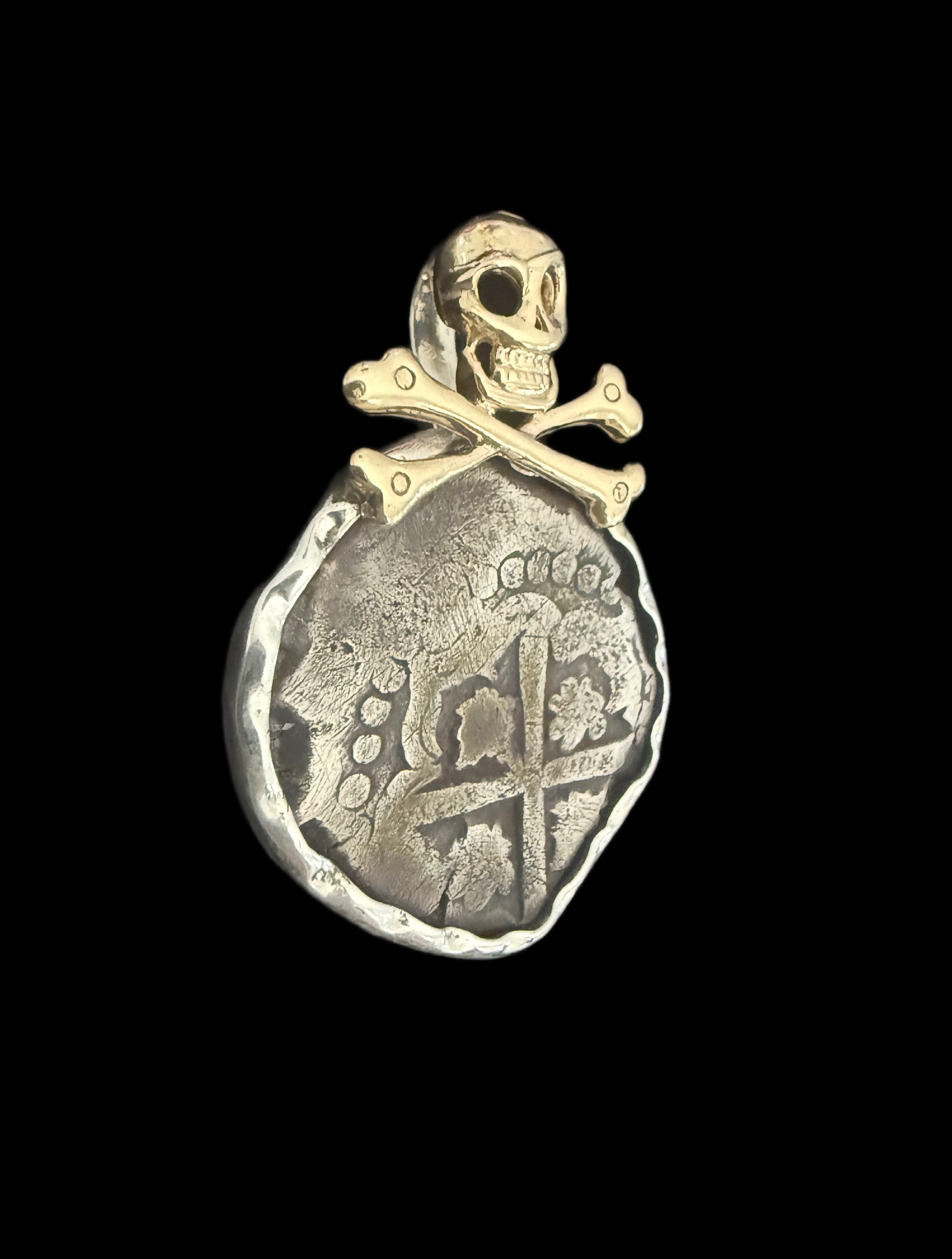 2 REALES POTOSI Original Land Find Mounted 14k gold and Silver (ATOCHA ERA)