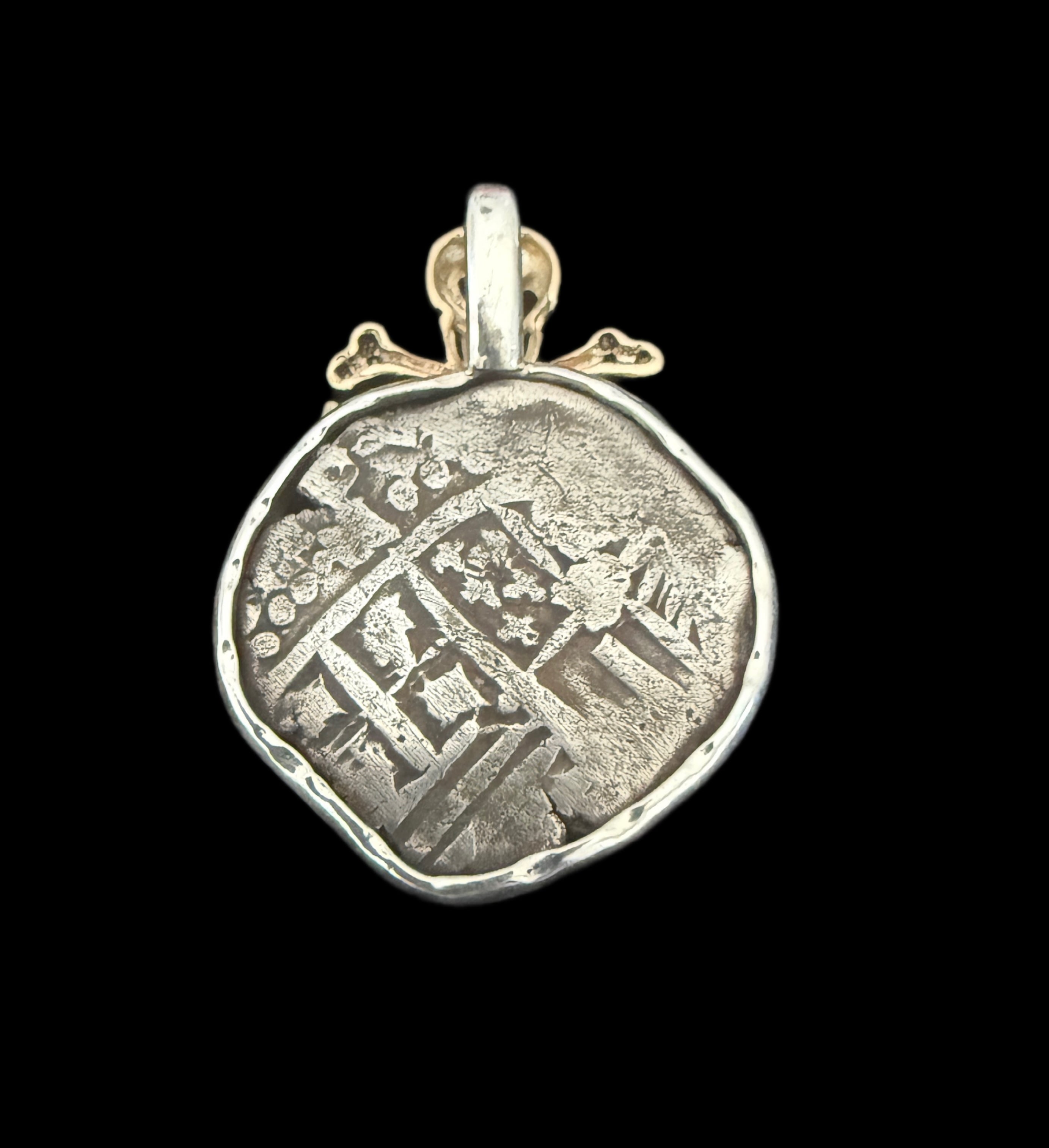 2 REALES POTOSI Original Land Find Mounted 14k gold and Silver (ATOCHA ERA)