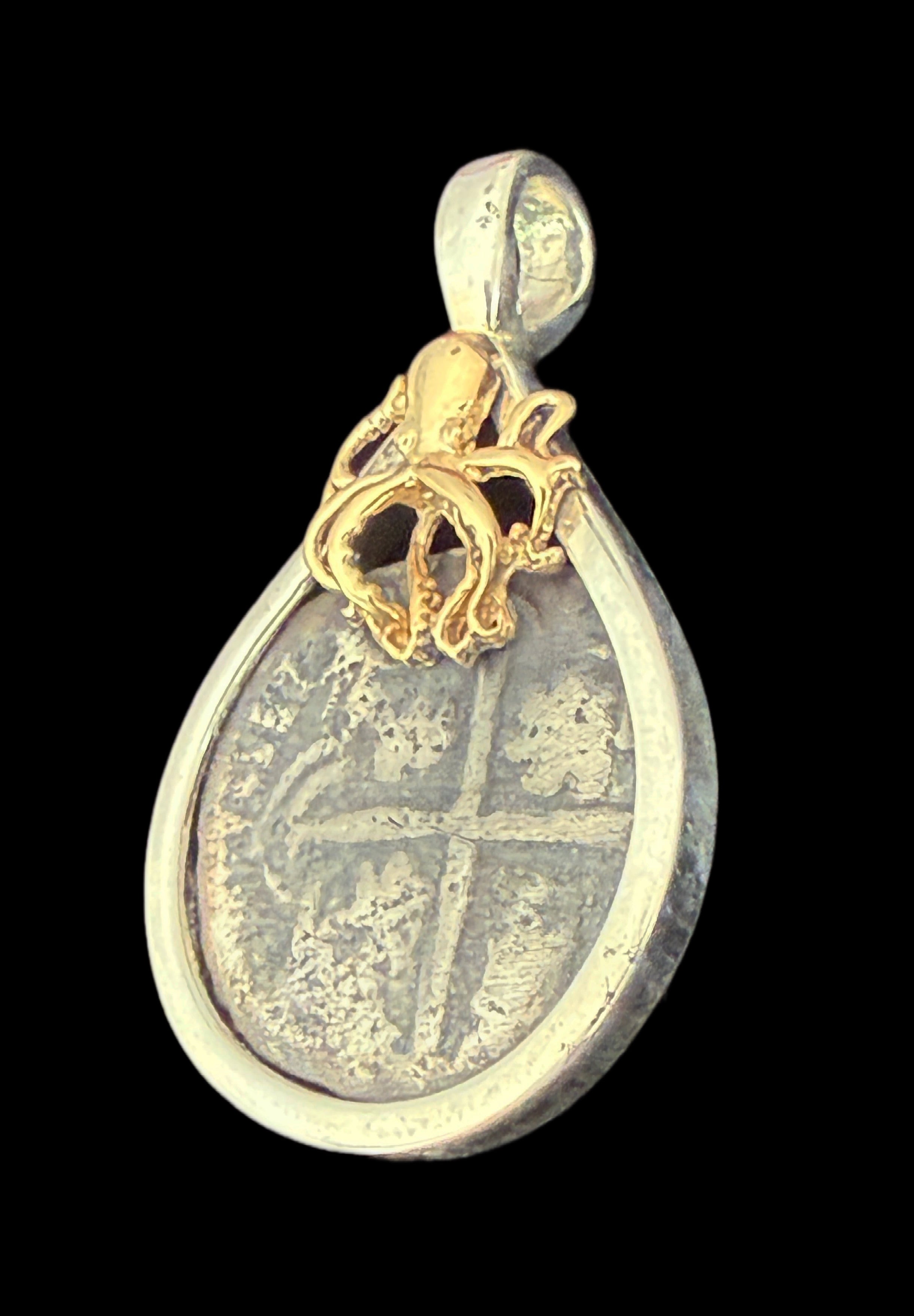 1 REAL POTOSI Original Land Find Mounted 14k gold and Silver (ATOCHA ERA)