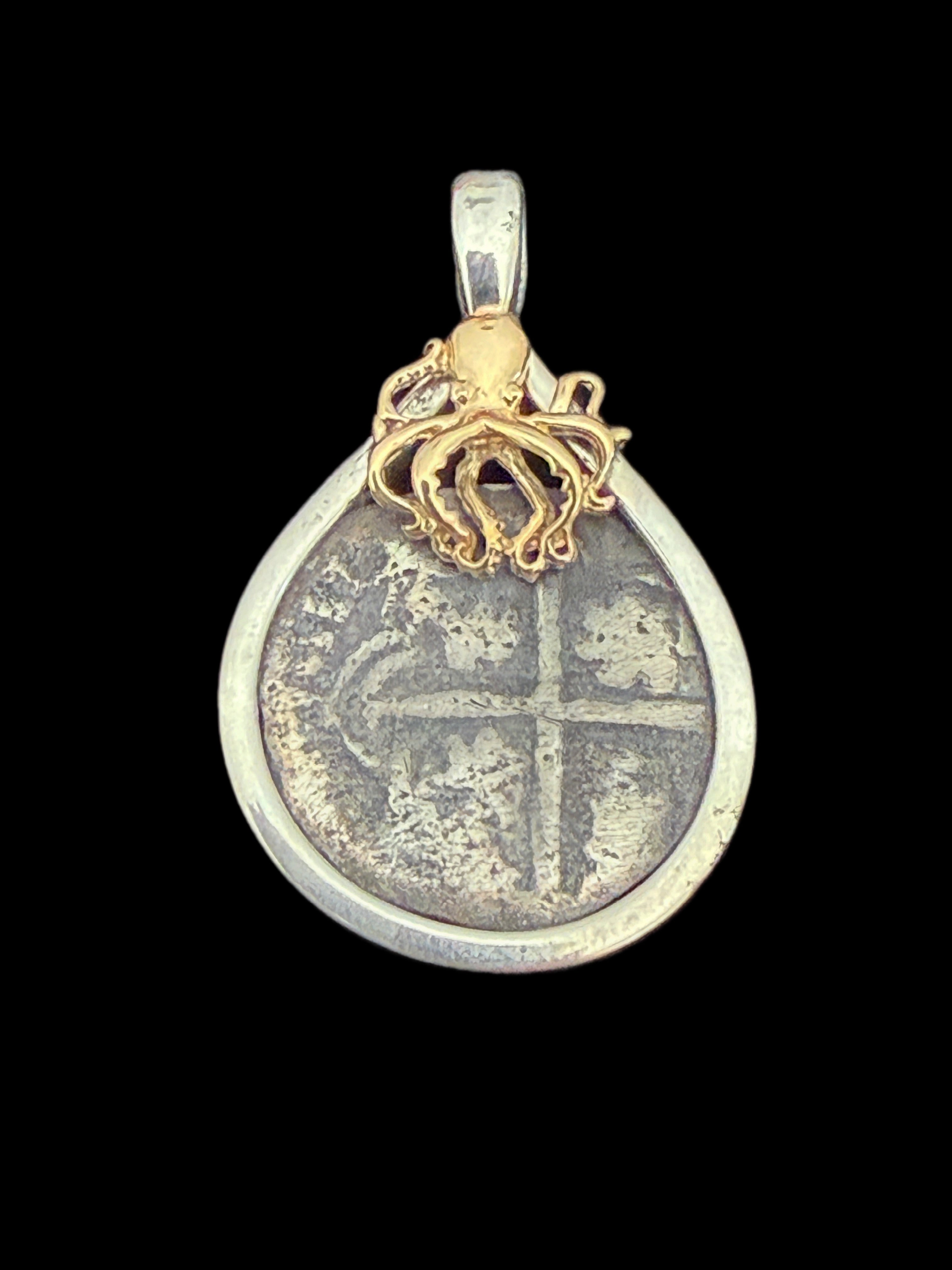 1 REAL POTOSI Original Land Find Mounted 14k gold and Silver (ATOCHA ERA)