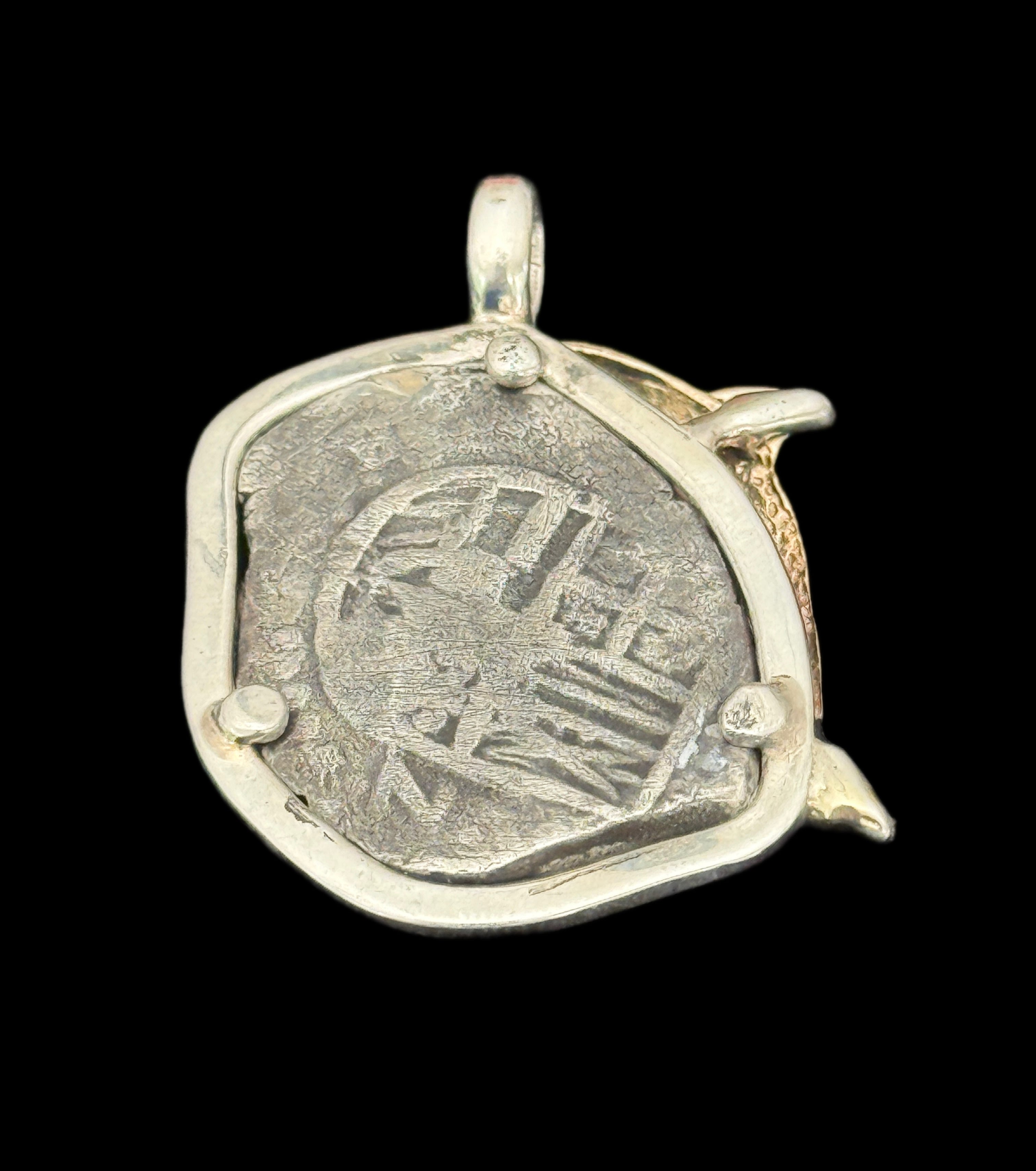 2 REALES POTOSI Original Land Find Mounted 14k gold and Silver (ATOCHA ERA)