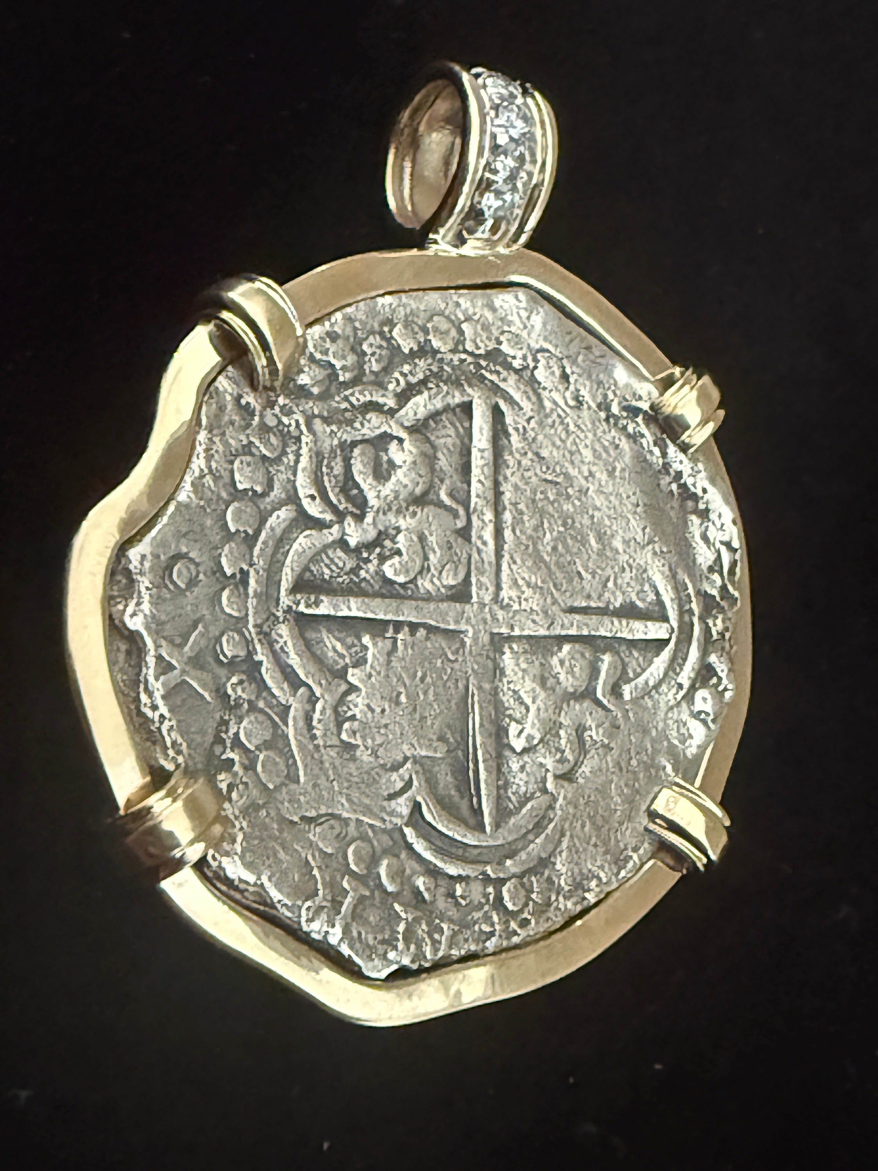 Atocha 8 Reales Grade 3 Mounted in 14k Gold with Diamonds