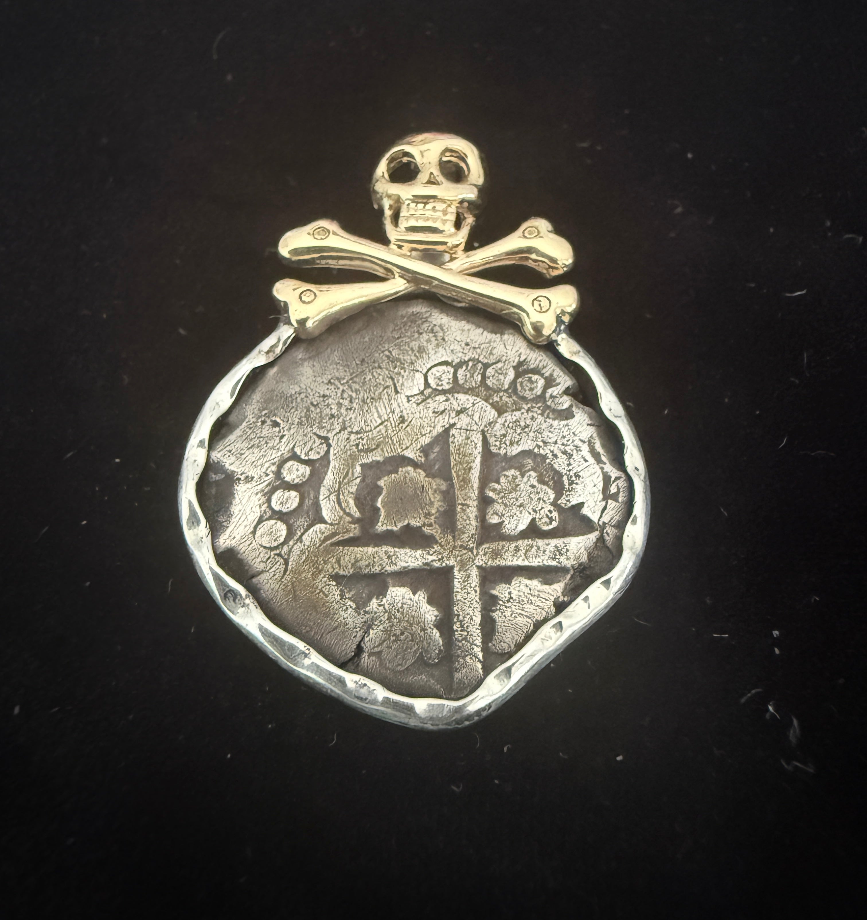 2 REALES POTOSI Original Land Find Mounted 14k gold and Silver (ATOCHA ERA)