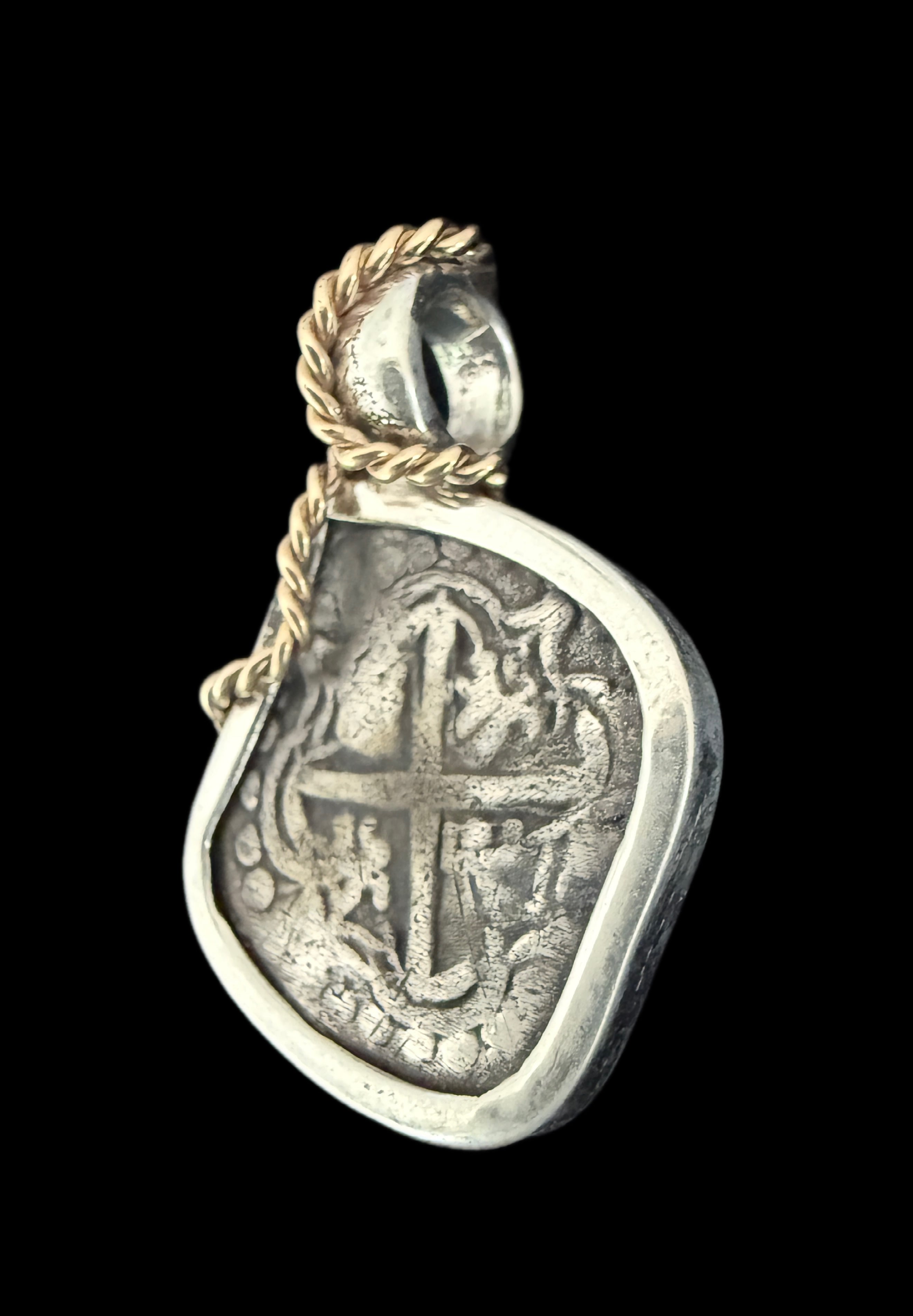 1 REAL POTOSI Original Land Find Mounted 14k gold and Silver (ATOCHA ERA)