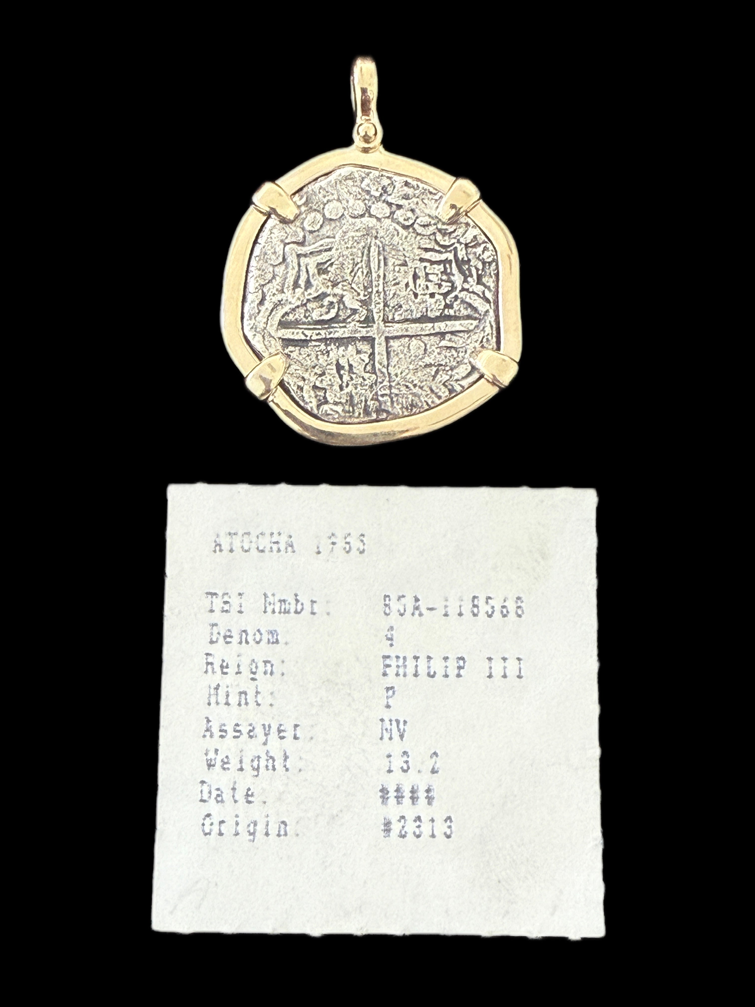 Atocha 4 Reales Grade 1 Mounted in 6.9 grams 14k Gold