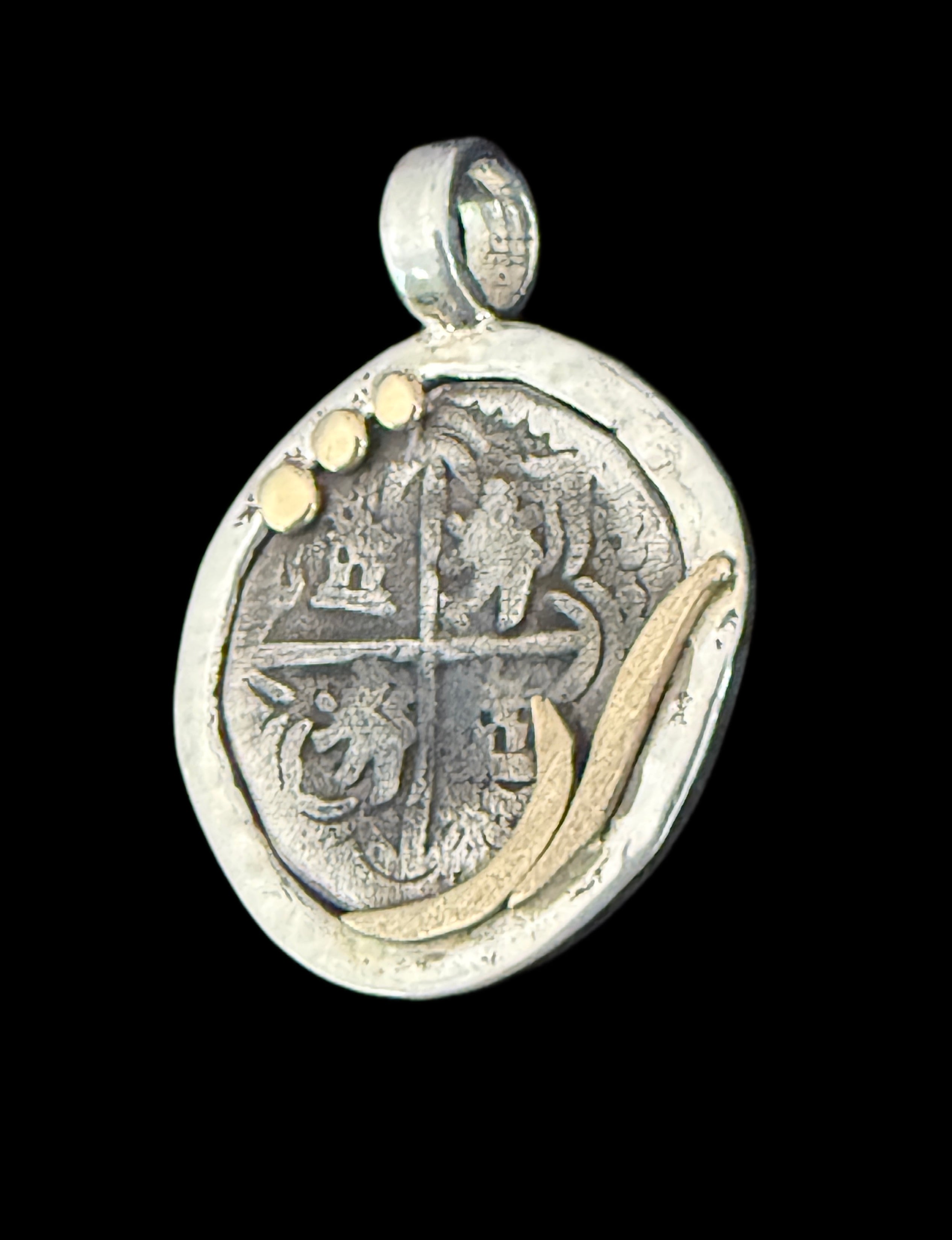 1 REAL POTOSI Original Land Find Mounted 14k gold and Silver (ATOCHA ERA)