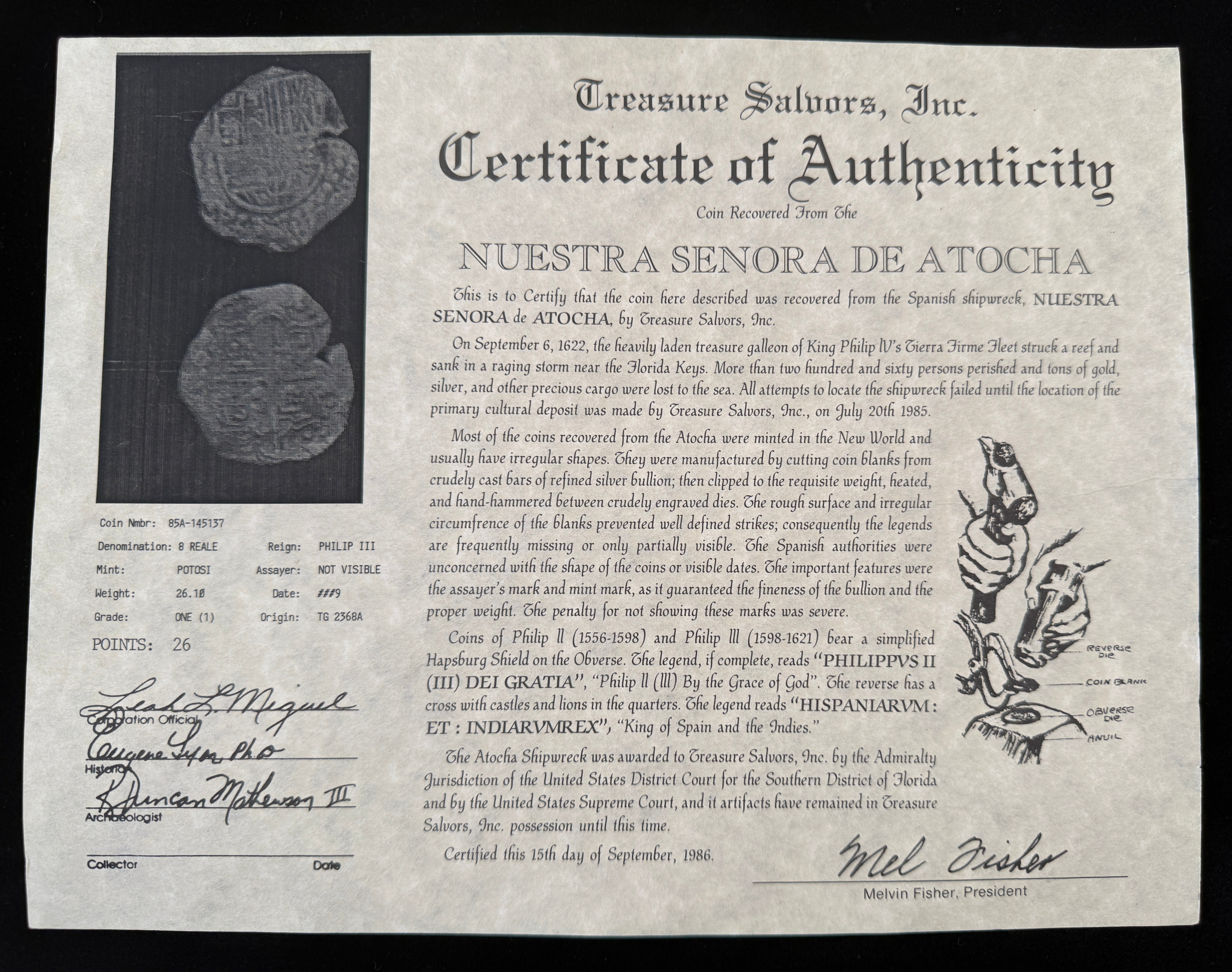 Atocha 8 Reales Grade 1 Dated 1620 Mounted in 14.1 grams 14k Gold