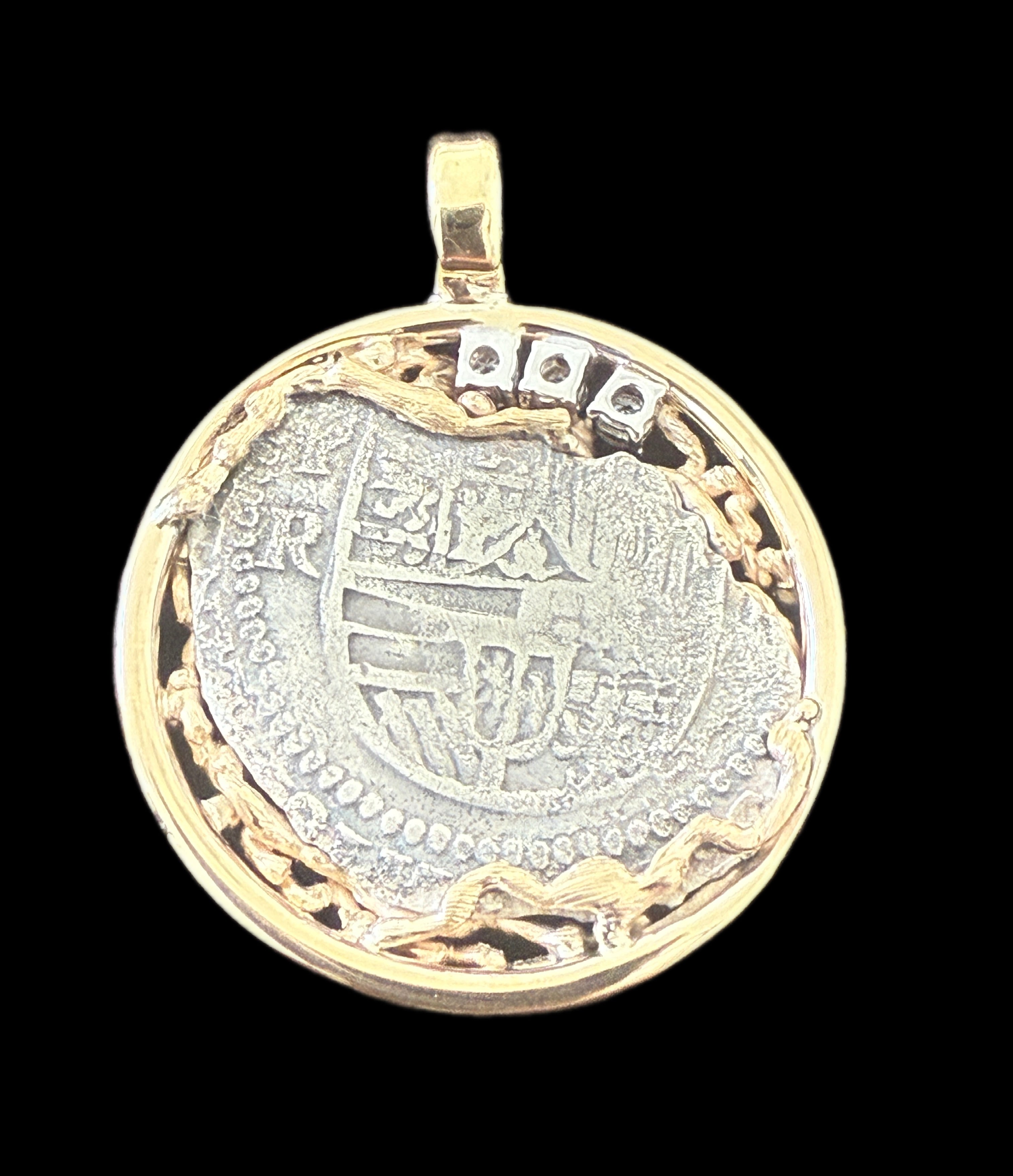 Atocha 2 Reales Grade 2 Assayer R Mounted in 14k Gold 5 grams and 0.18ct Diamonds