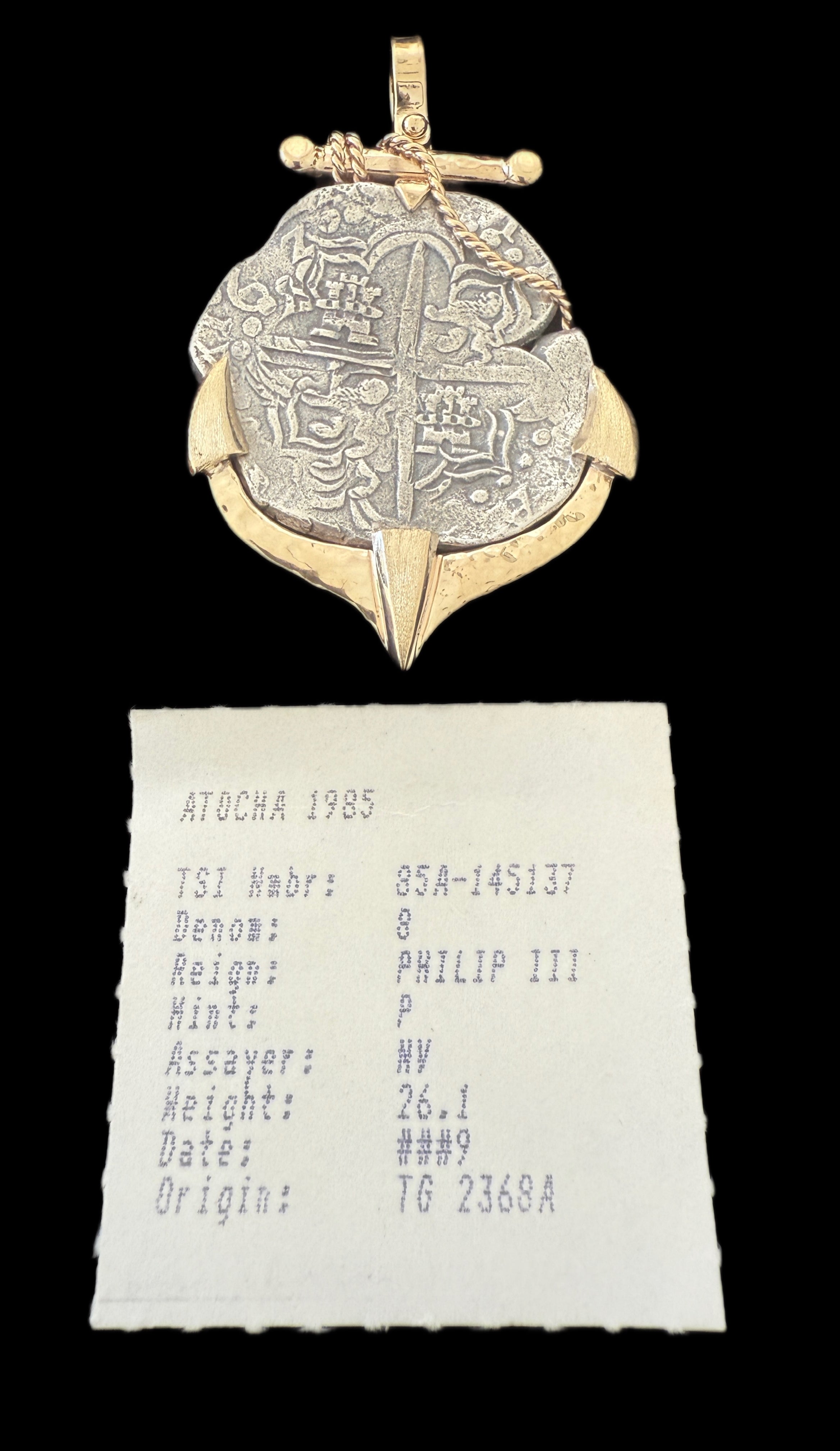 Atocha 8 Reales Grade 1 Dated 1620 Mounted in 14.1 grams 14k Gold