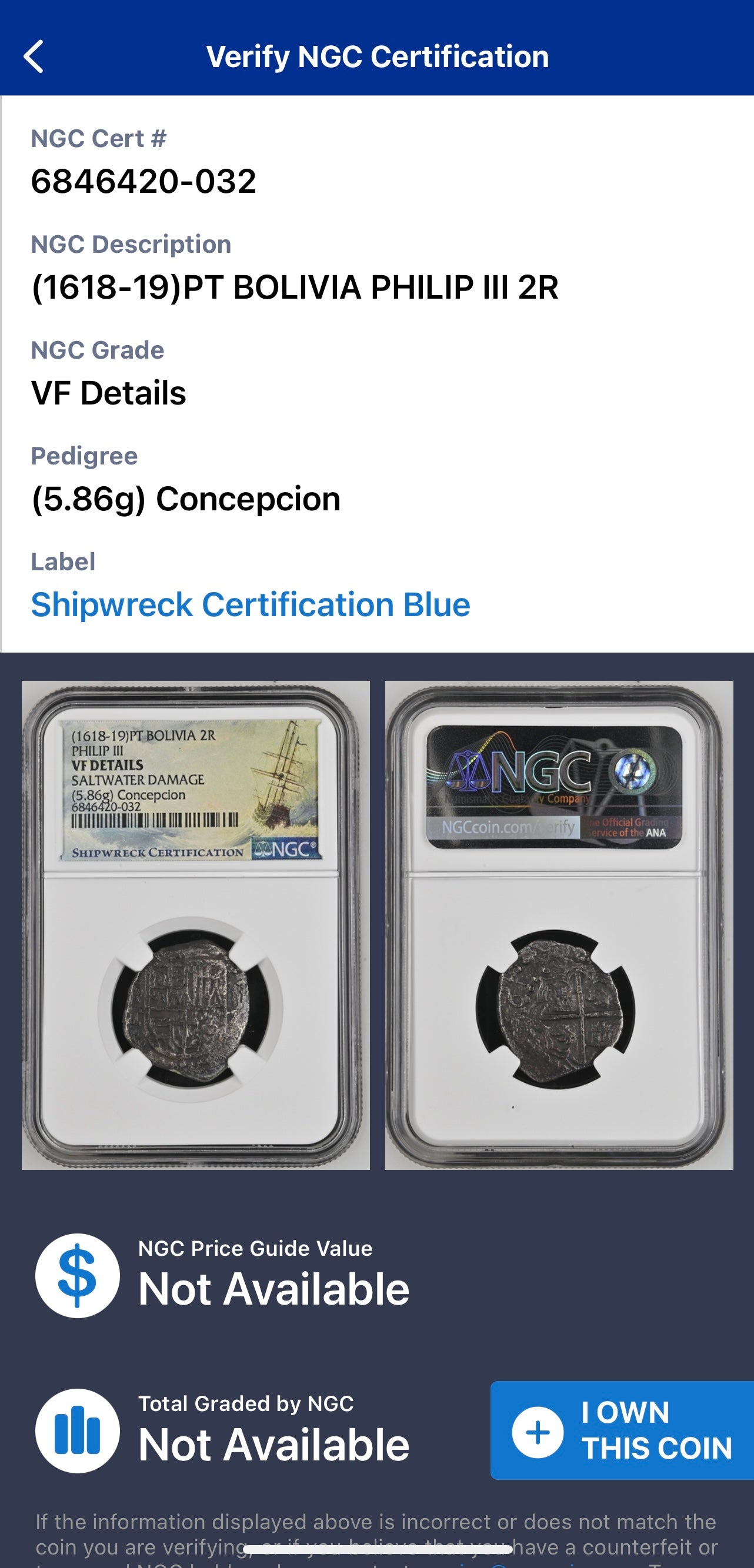 Concepcion 2 Reales NGC Grade VF Details Dated 161#