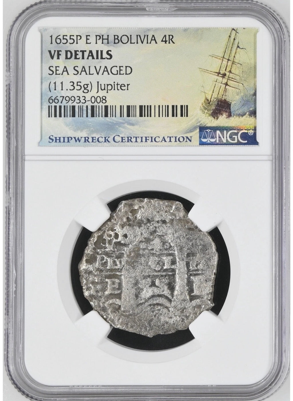 JUPITER SHIPWRECK 4 REALE Potosi Dated 1655 NGC TOP POP VF Details