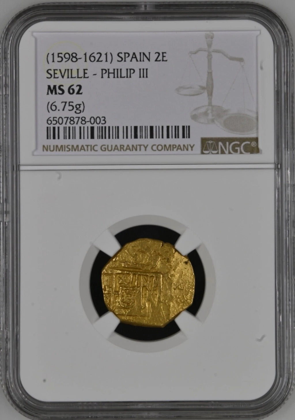 2 Escudo Spain Seville NGC Grade MS 62 (1598-1621) Gold Coin