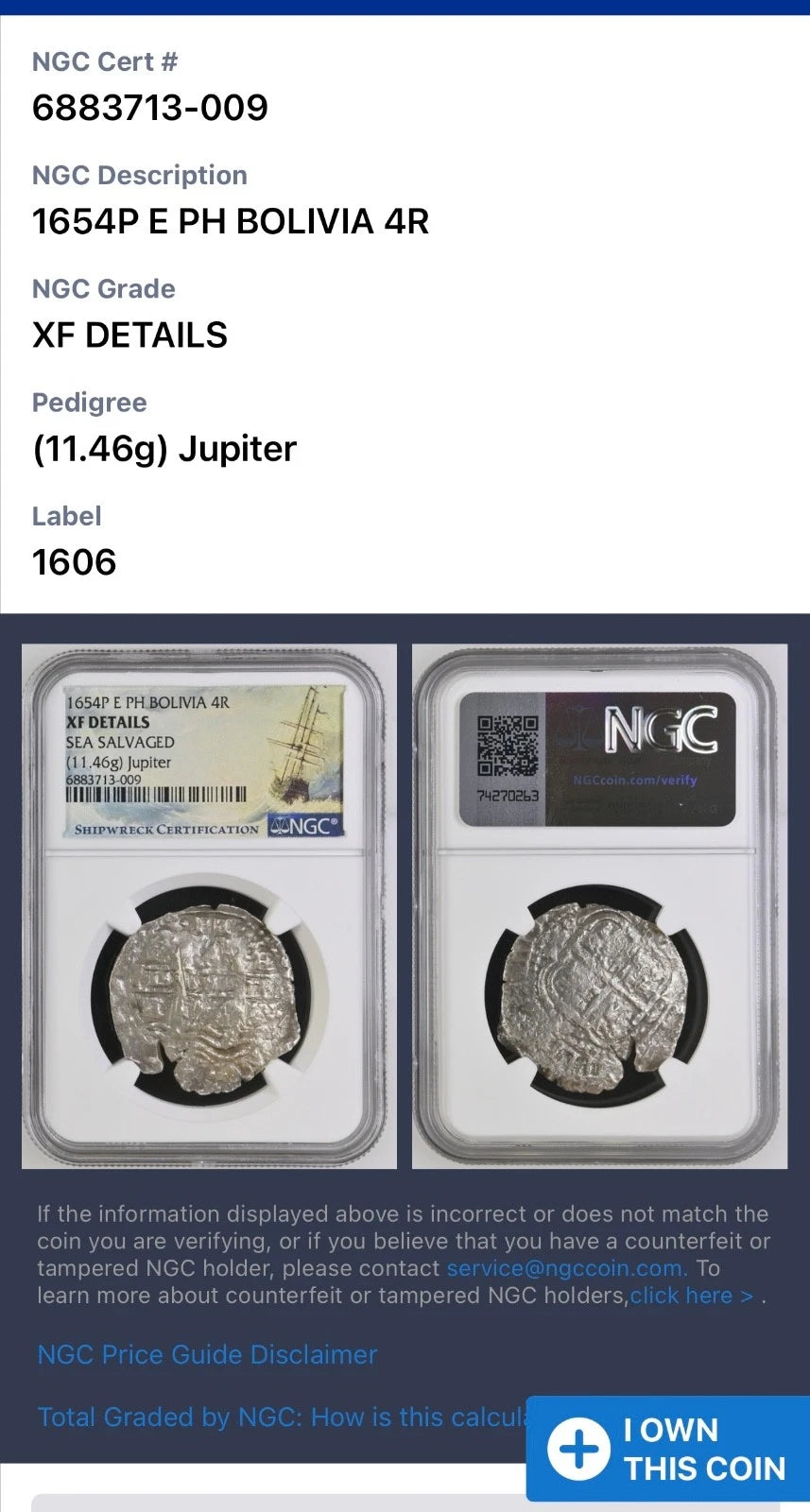JUPITER SHIPWRECK 4 REALES NGC XF Details Dated 1654