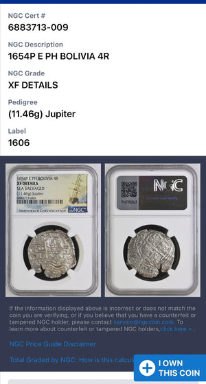 JUPITER SHIPWRECK 4 REALES NGC XF Details Dated 1654 – Shipwreck Coins