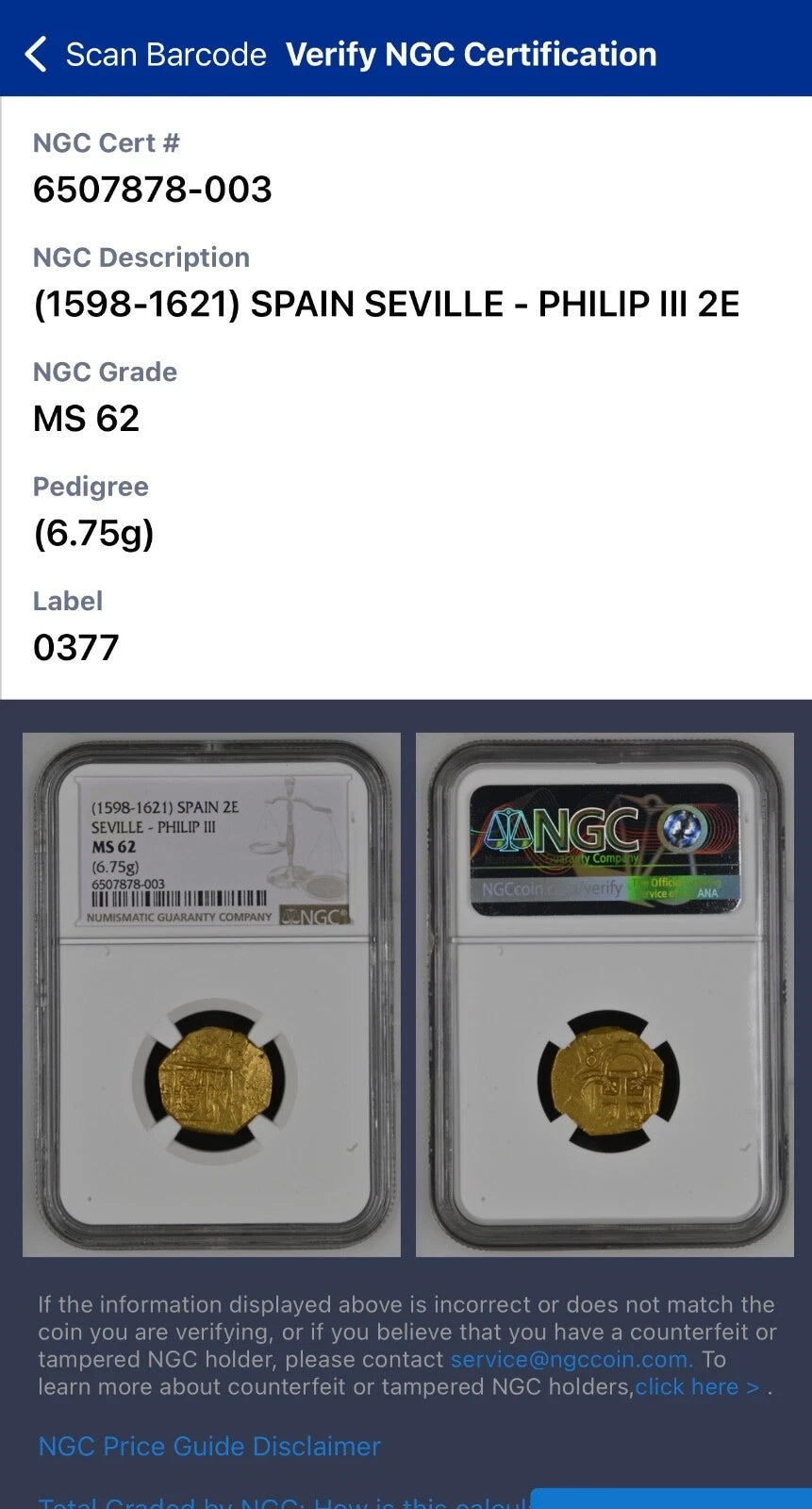 2 Escudo Spain Seville NGC Grade MS 62 (1598-1621) Gold Coin