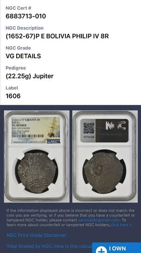 JUPITER SHIPWRECK 8 REALES NGC VG Details
