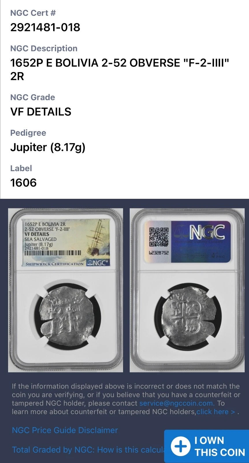 JUPITER SHIPWRECK Bolivia 2 REALES NGC VF Dated 1652 Details