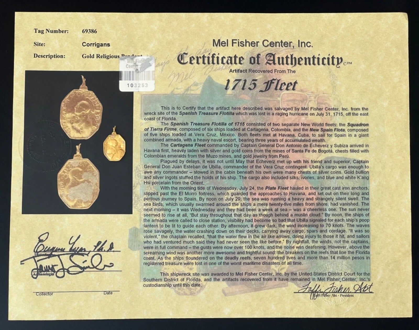 1715 FLEET Gold Religious pendant from a Rosary 20K gold Medallion Fisher COA