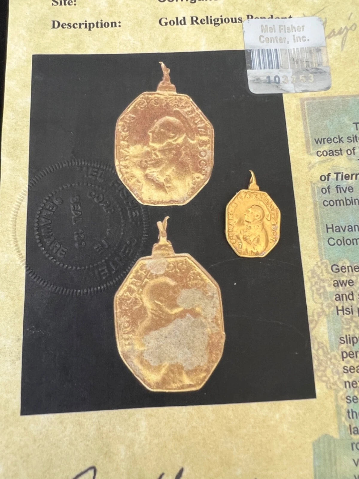 1715 FLEET Gold Religious pendant from a Rosary 20K gold Medallion Fisher COA