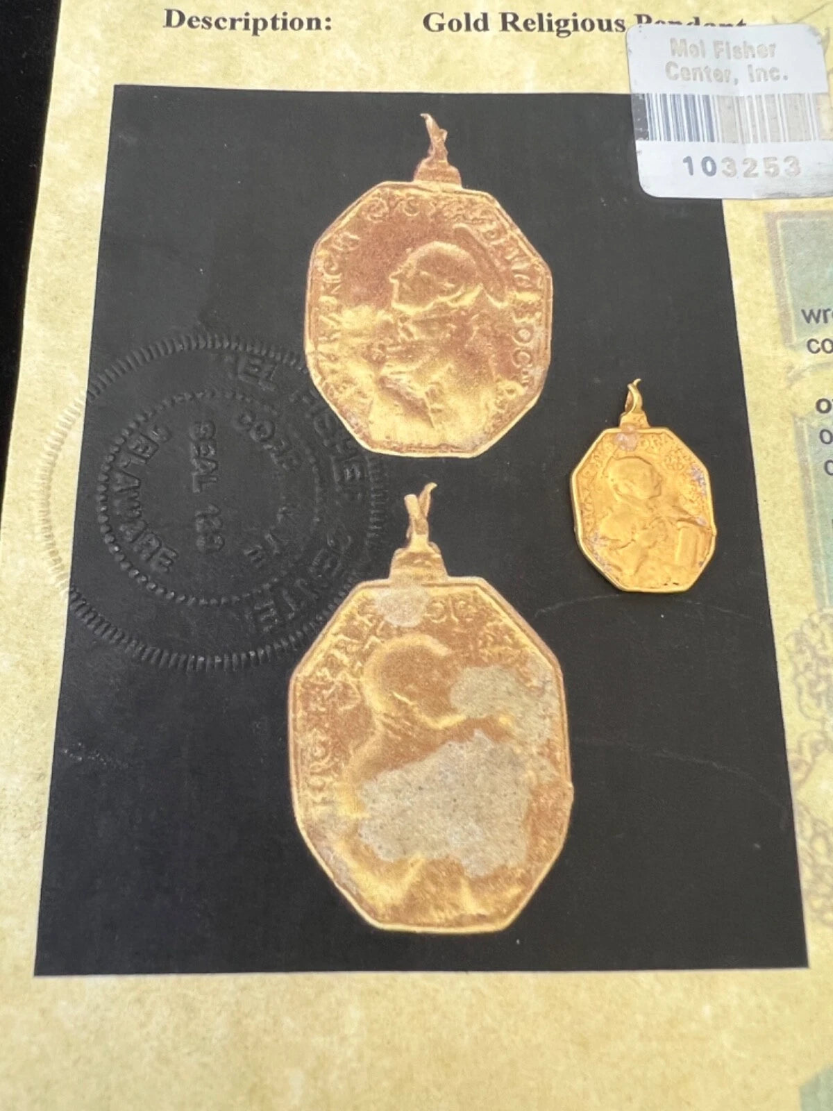 1715 FLEET Gold Religious pendant from a Rosary 20K gold Medallion Fisher COA